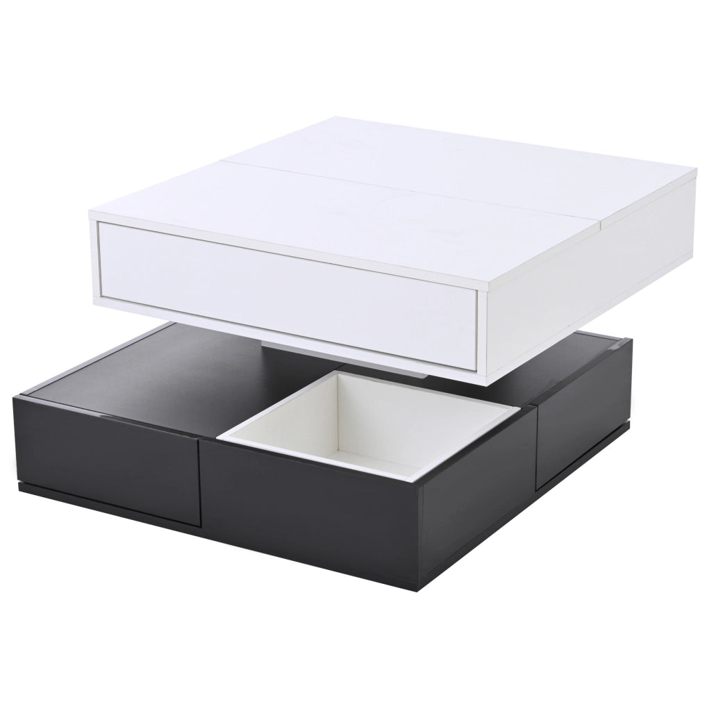 Tavolino da caffè 70x70x40 cm girevole 360°; sollevabile; 3 cassetti in truciolato bianco e nero