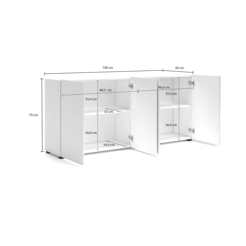 Credenza Amacord, Buffet da soggiorno, Madia da salotto, Dispensa da cucina, Made in Italy, 180x38h79 cm, Bianco lucido