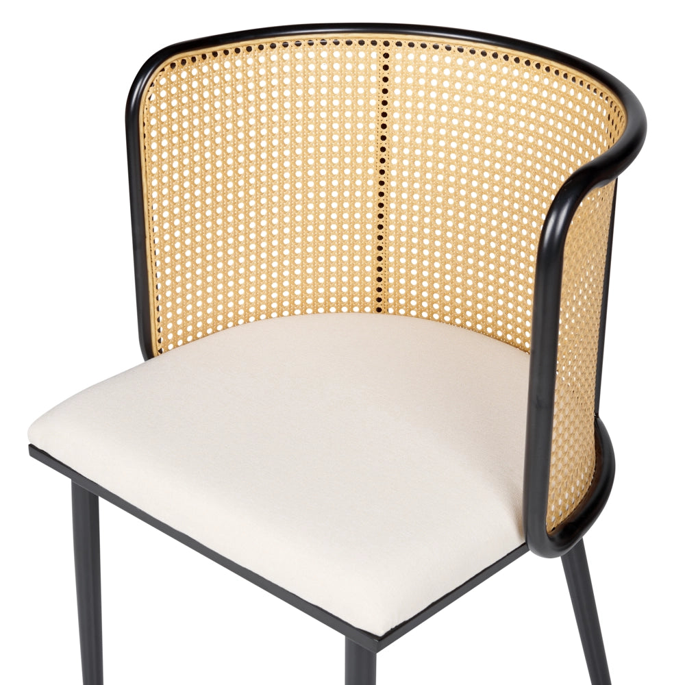 Set di 2 sedie da pranzo con seduta in tessuto e struttura in metallo nero effetto legno con intreccio viennese stile retrò soggiorno