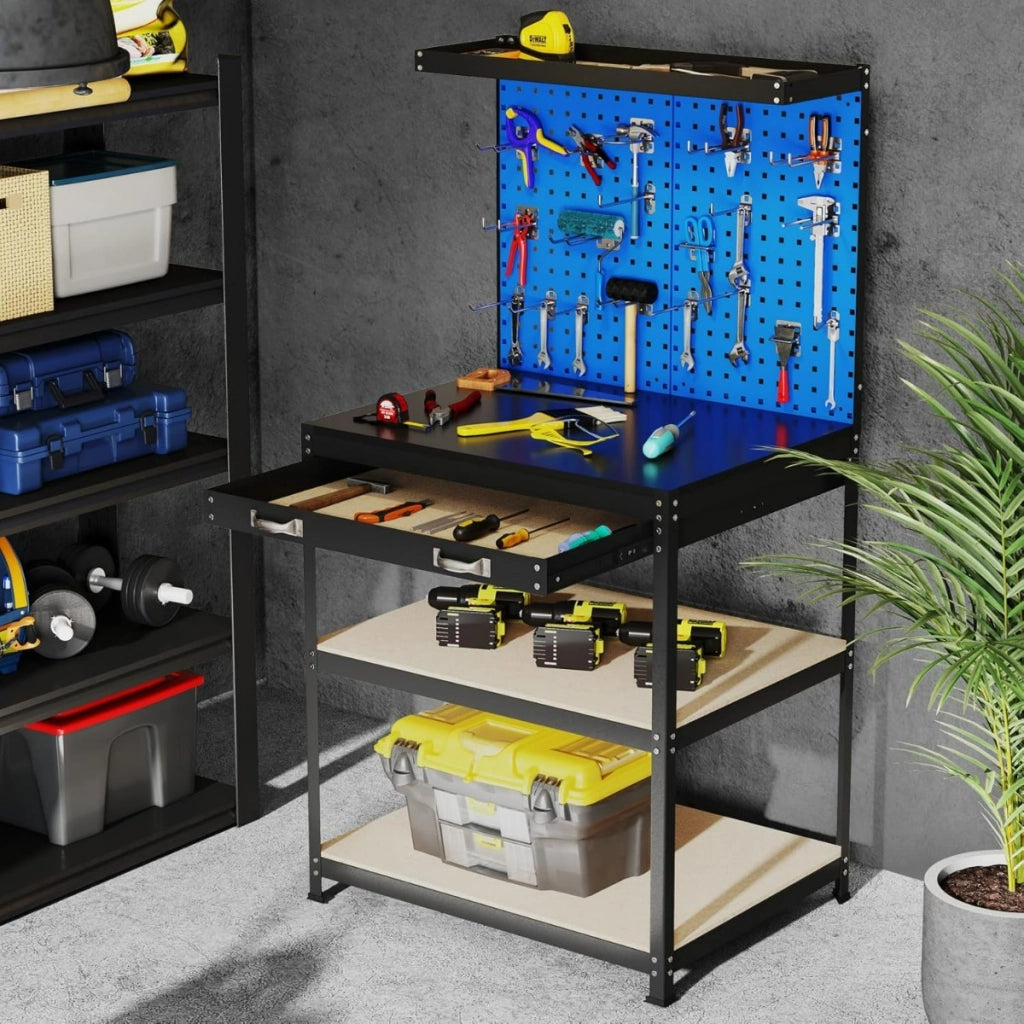 Banco da lavoro con 2 pegboard e cassetto e mensole, Stazione di lavoro in metallo per casa e garage e officina Blu Navy-Tavoli da lavoro