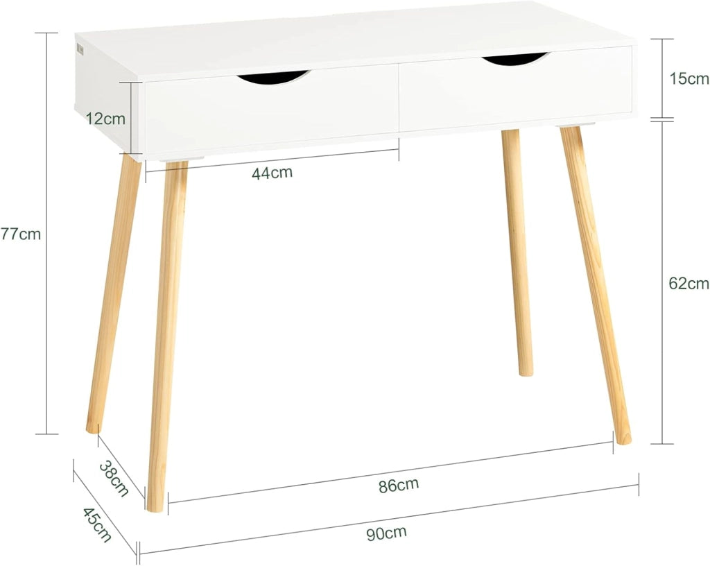 Scrivania con 2 cassetti, Gambe in Legno di Pino, Scrivania Ufficio Compatta, Tavolo da Lavoro per Studio Cameretta e Camera da Letto, L90*P45*A77cm, FWT40-WN