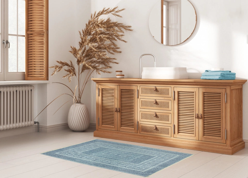 Tappeto Bagno Doccia Spugna Tinta Unita Torino Tappetino Super Assorbente In Cotone Pelo Corto Con Greca - 60x180 - Azzurro