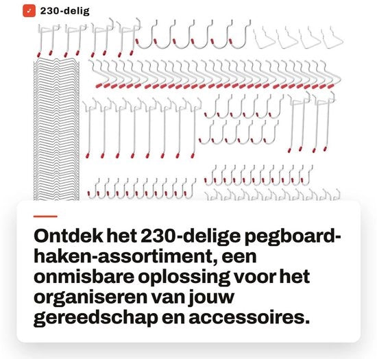 Assortimento di haken per stecca 230 pezzi - Gatenwandhaken - Gereedschapshouders - Wasknijperhaken - Multitool rack - 14 tipi di haken