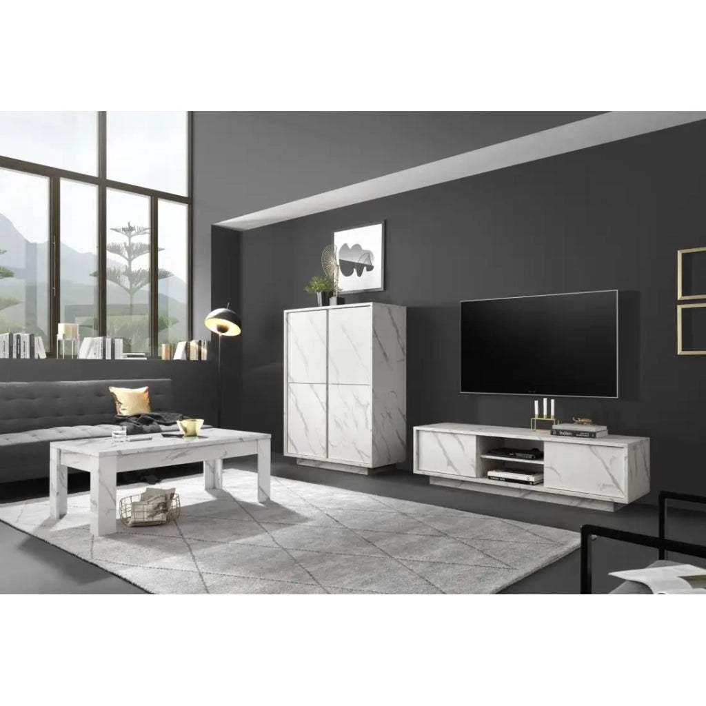 Mobile TV a 2 ante, collezione COLOMARMO, colore bianco effetto marmo, ideale per il tuo soggiorno moderno e alla moda.