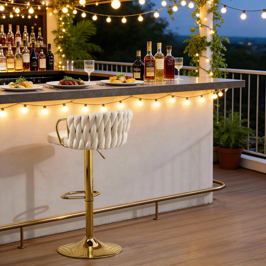 Sgabello da bar girevole in velluto crema bianco con braccioli, altezza regolabile 77-98 cm