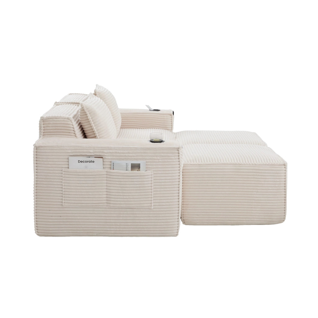 Divano modulare 2 posti in tessuto a coste con portabicchieri e tasche laterali beige 188 × 162 × 75 cm