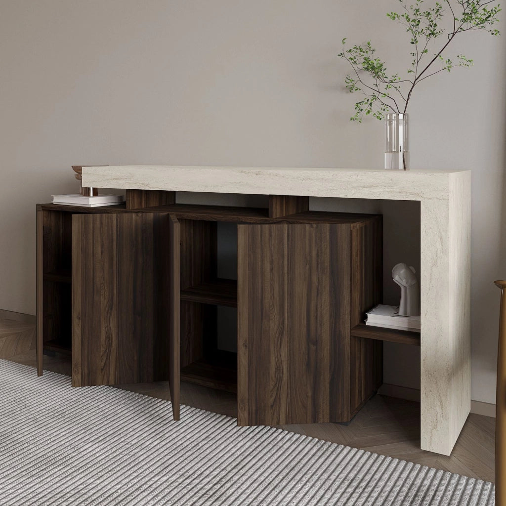 Credenza in legno "Beliz" - 170 x 35 x 80 cm - Travertino / Noce