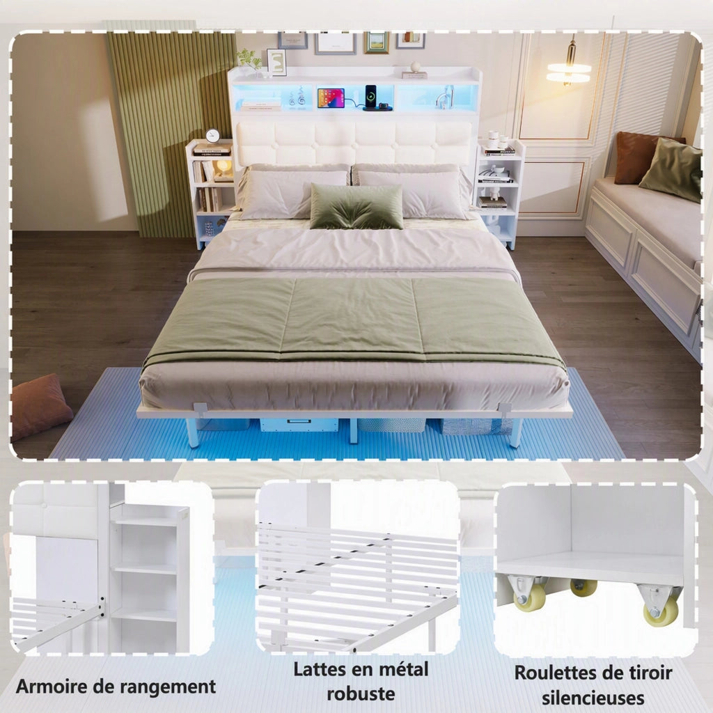 DESMIU Lit matrimoniale 140 × 190 cm con LED, USB, Type-C e 2 comodini, senza materasso, grigio