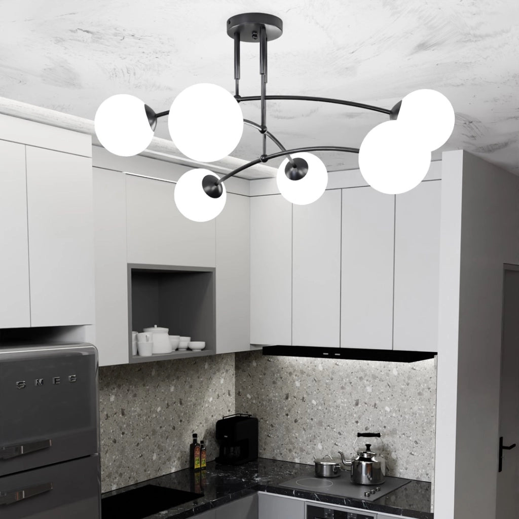 Lampadario Emibig Pregos 6 nero vetro bianco 6xE14
