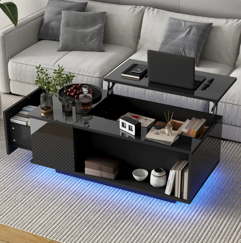 Tavolino da caffè elevabile 100x50x40 cm in truciolare nero con LED e vano portaoggetti