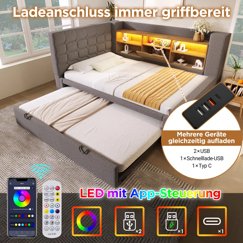OKWISH Letto estraibile 90×200 cm, Letto Singolo con LED Regolabile, USB, Tipo C e Contenitori, senza Materasso, in Lino, Grigio