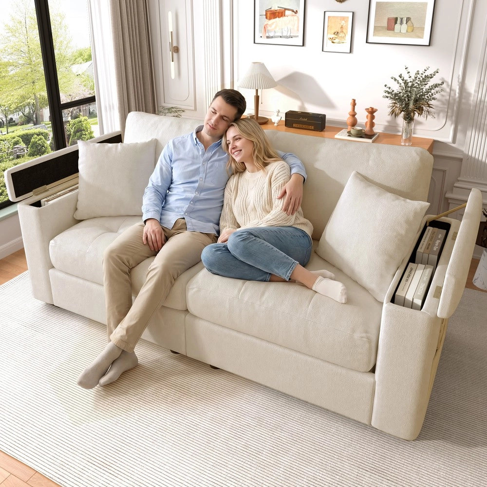 Divano 2 posti con contenitore ¨C Minimal ¨C Beige tessuto imbottito con cuscini