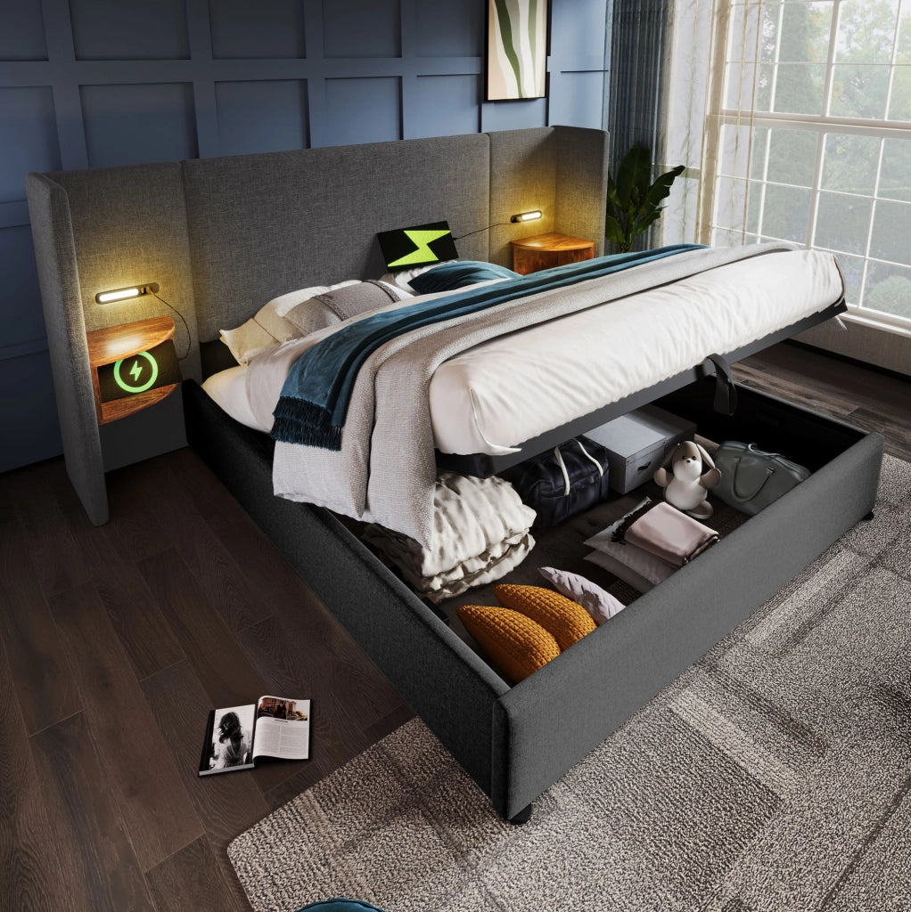 Letto matrimoniale imbottito con contenitore, lampada da lettura e ricarica USB Type-C