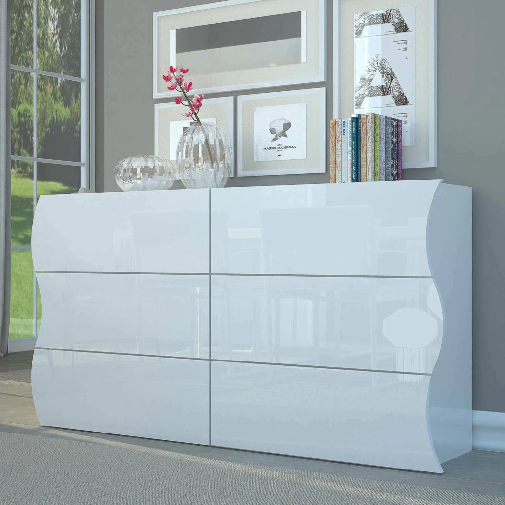 ComÒ² Aton, Made in Italy, Mobiletto per Soggiorno e Camera, Credenza 6 cassetti, Bianco lucido, cm 155x40h82