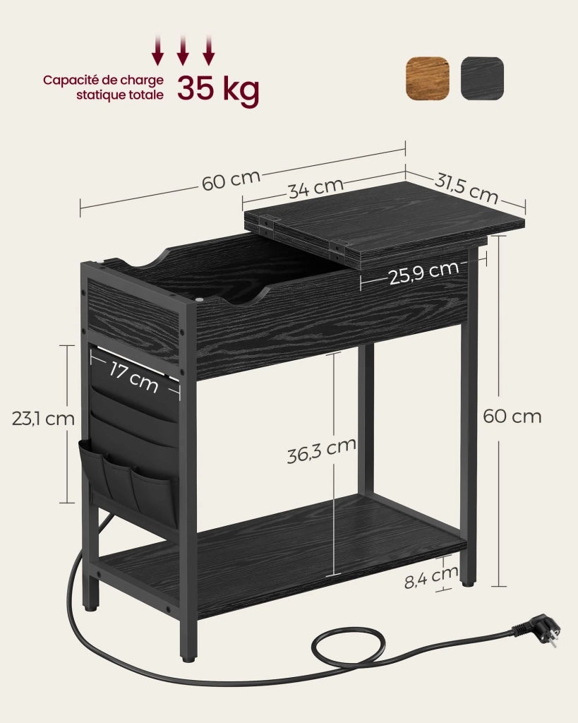 Tavolino laterale con presa di corrente tavolino laterale tavolino con piano pieghevole comodino 31,5 x 60 x 60 cm rivestimento in tessuto per soggiorno camera da letto marrone rustico e nero 12_0007531