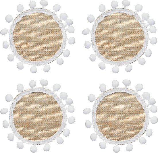 Sostegni di Juta Tessuta con Decorazioni a Pompom - Set da 4 - 15 Centimeter Medium