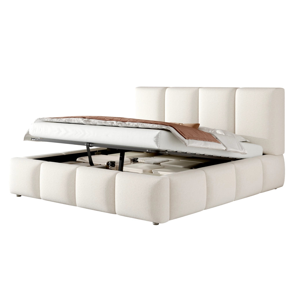 Letto matrimoniale 180x200 cm con contenitore idraulico e rete a doghe; bouclé bianco