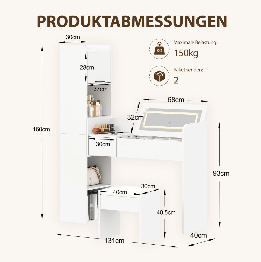 Toeletta 131x40x160 cm con specchio LED, USB e sgabello in legno ingegnerizzato bianco