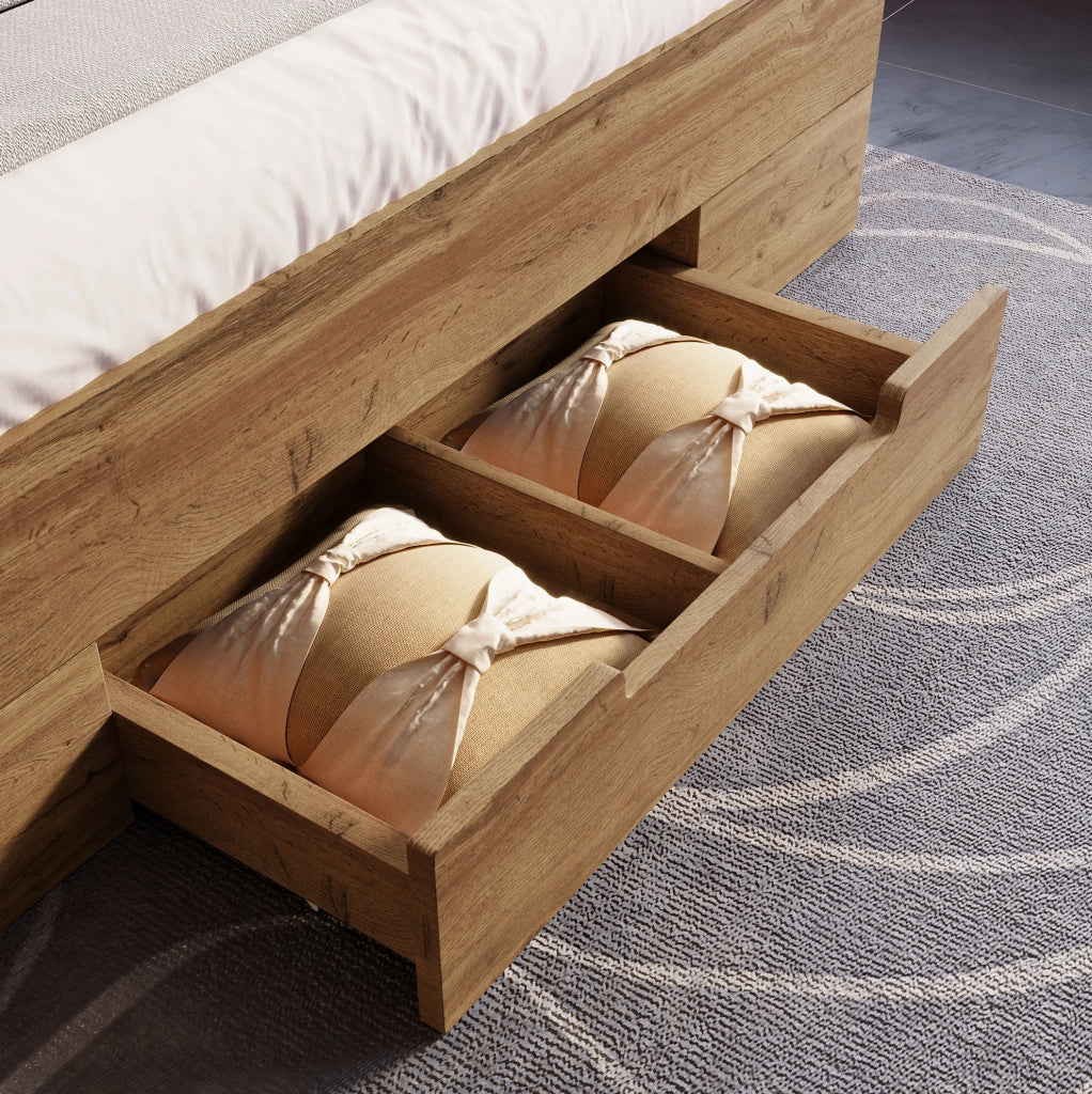 Letto matrimoniale in legno e metallo con LED, USB e contenitore