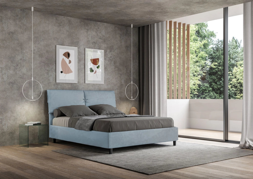 BS COM Letto matrimoniale contenitore imbottito 160x210 microfibra azzurro