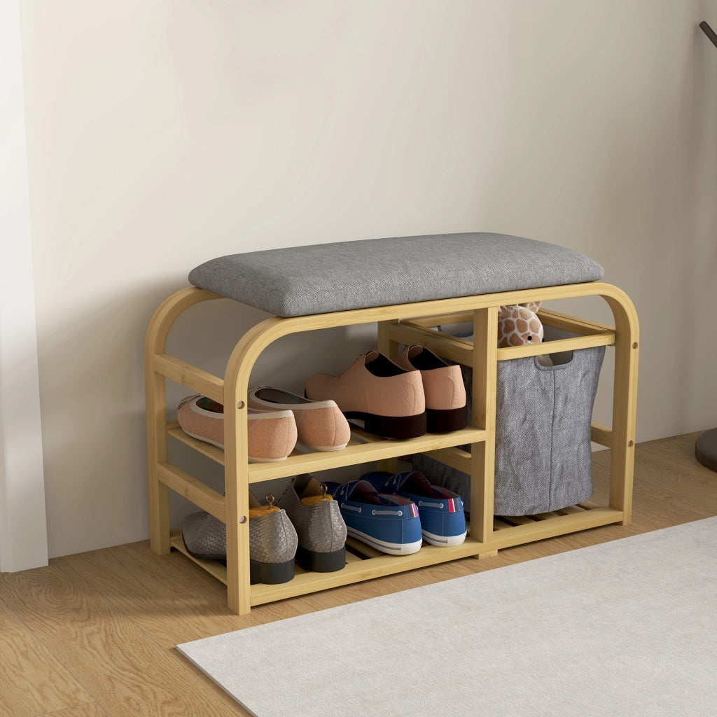 Panca porta scarpe con cuscino, ripiani a doghe e cestino scorrevole ¨C zephmum ¨C legno naturale 70x30x45cm