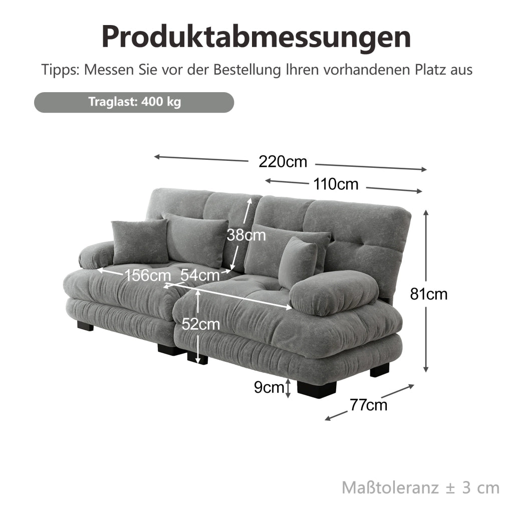 Divano modulare 220x77x81 cm con design cloud e braccioli imbottiti in chenille grigio