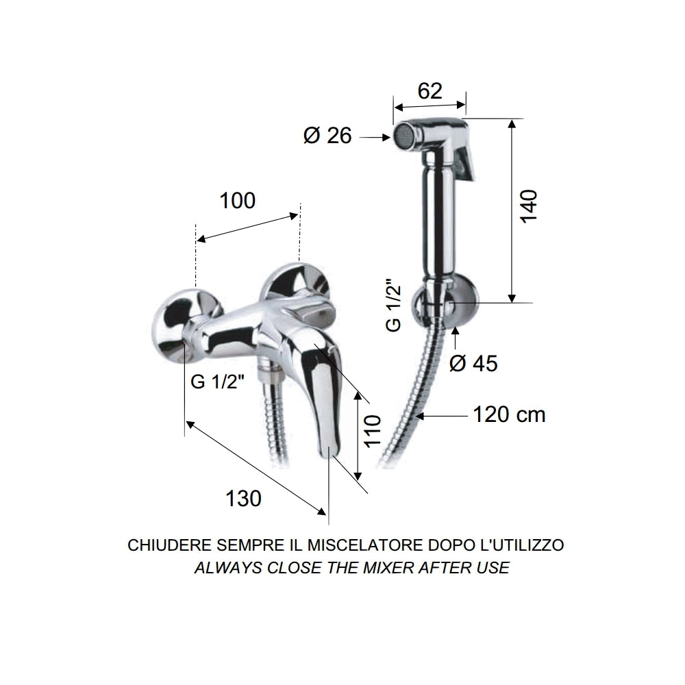 Set doccetta per bidet relax composto da doccia a pulsante, flessibile, miscelatore doccia e supporto lux