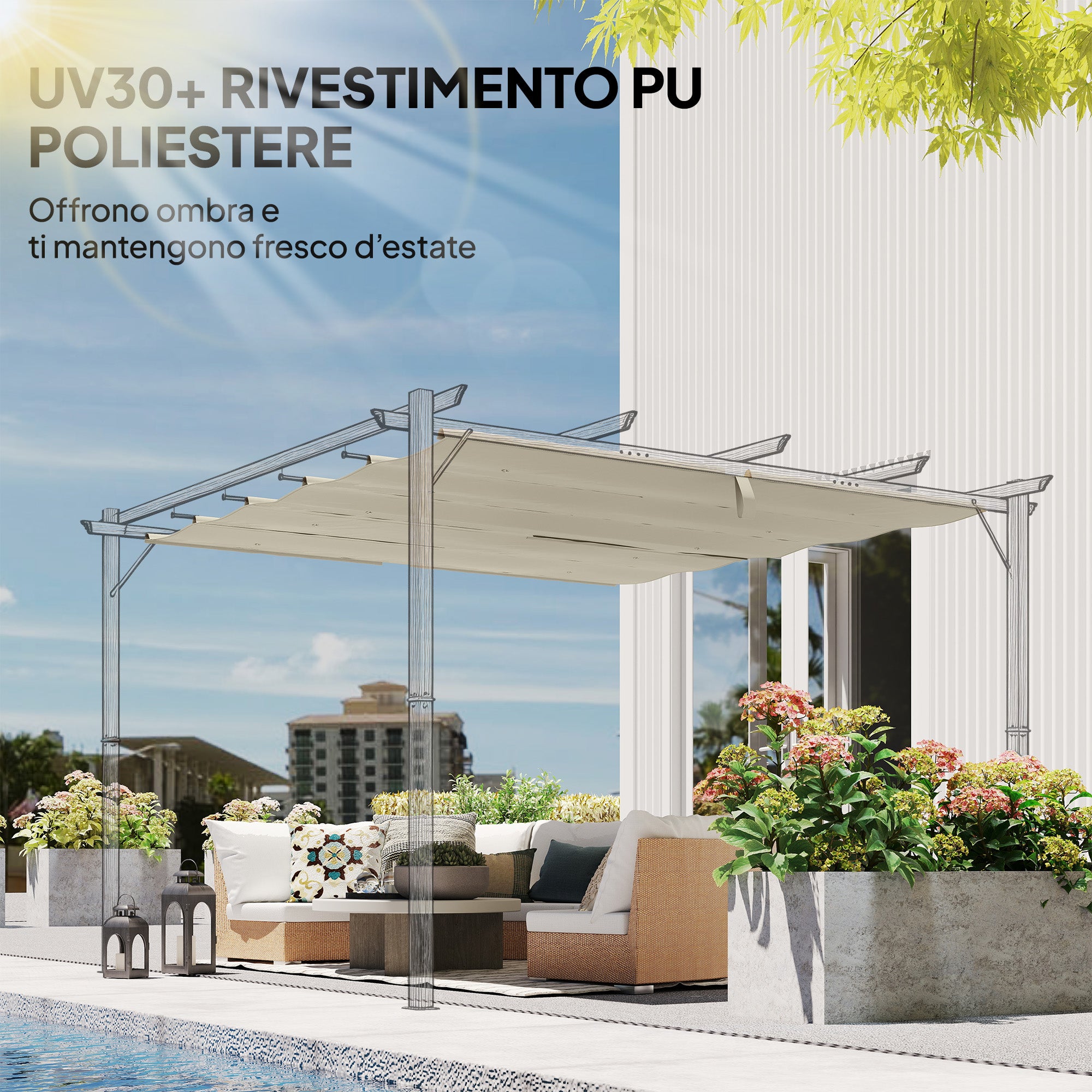 Telo per Pergola 288x298 cm con Fori di Drenaggio in Poliestere Traspirante UV30+ Beige