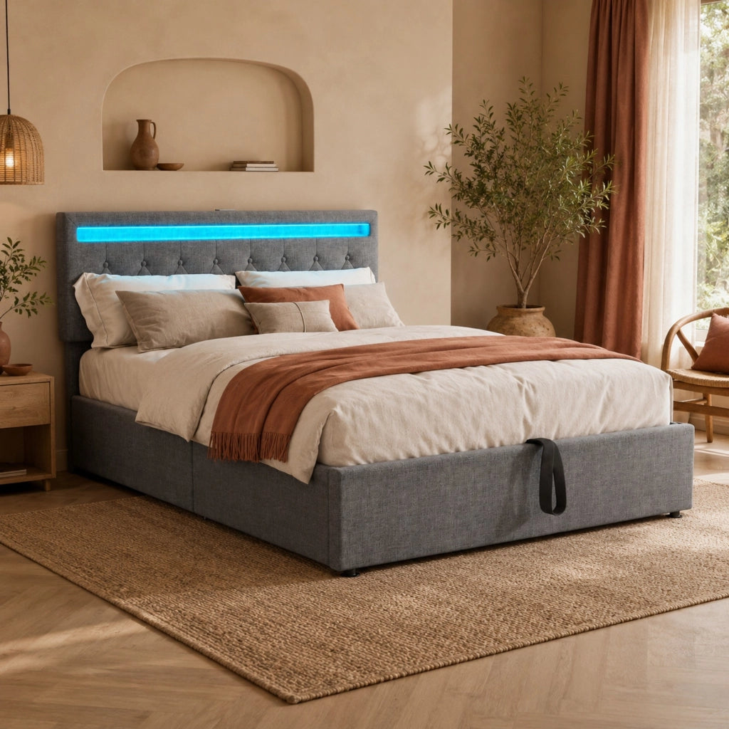 Letto matrimoniale 140x200 cm imbottito con contenitore; LED RGB; USB e USB-C; grigio