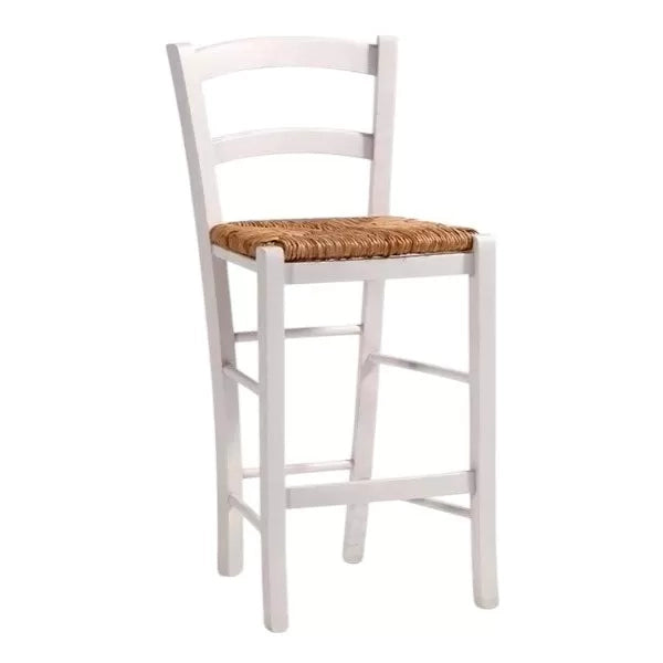 Sgabello shabby legno bianco seduta paglia 47x46x101 - Mobili 2G