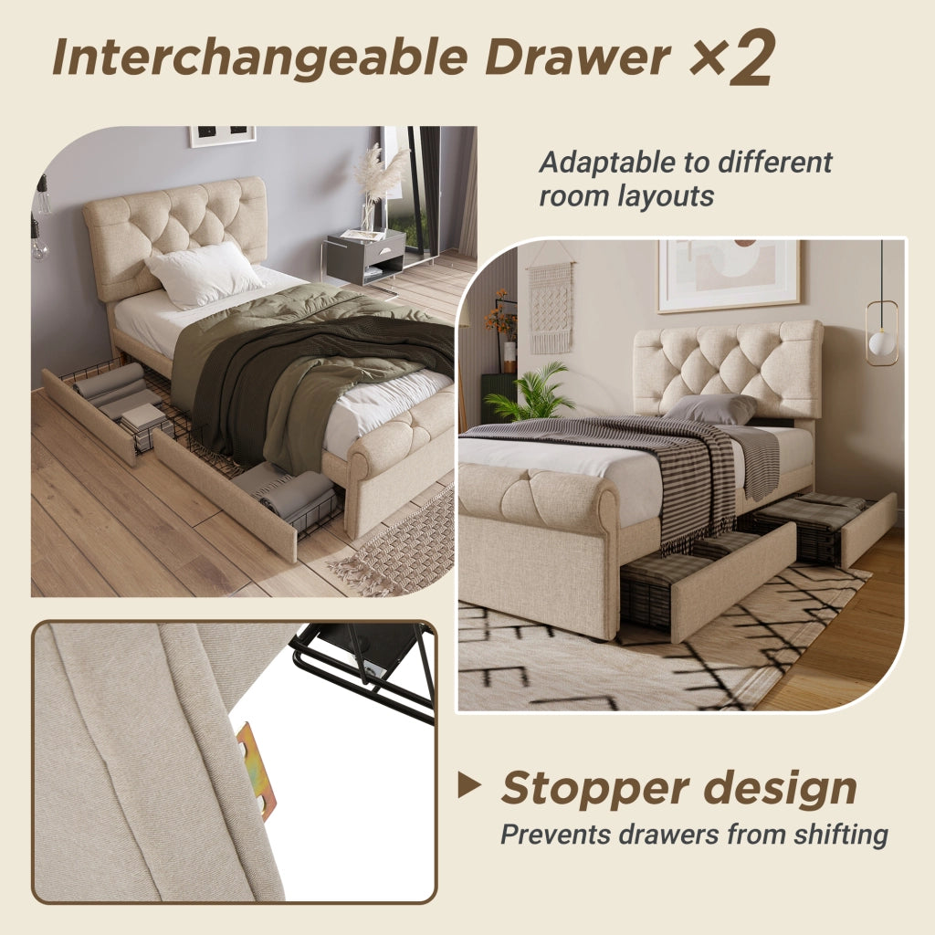 Letto con Cassetti 90x200 cm; Letto Singolo - 2 Cassetti e Testiera Regolabile - Naturale