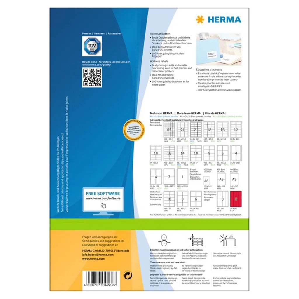 HERMA Etichette per Indirizzo Permanenti A4 99,1x67,7 100 Fogli Bianco 443771