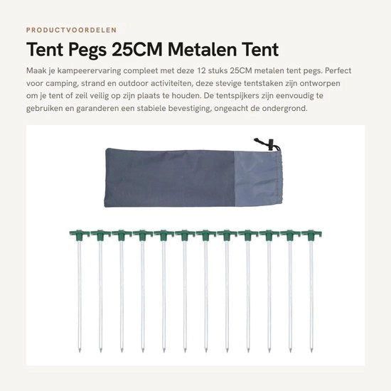 Tentini a Spillo 25CM Metallici - 12 Pezzi - Nageli per Camping - Bevono Outdoor - Bevono con Martello - Inclusa Borsa - Nageli per Campeggio