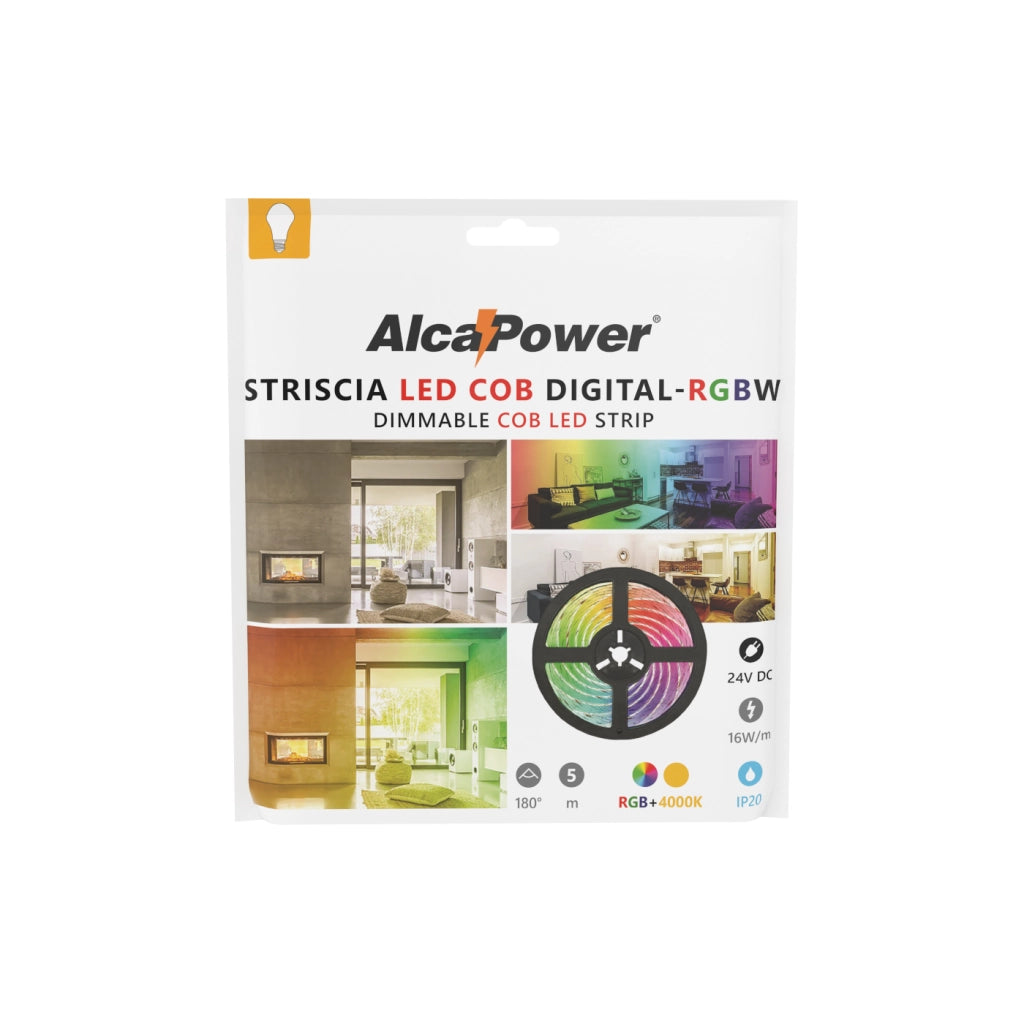 Alcapower Striscia LED COB RGBW 24V 16W/m 896 LED/m IP20 5 metri, elevata resa cromatica CRI 90 e luce bianca naturale 4000K per interni