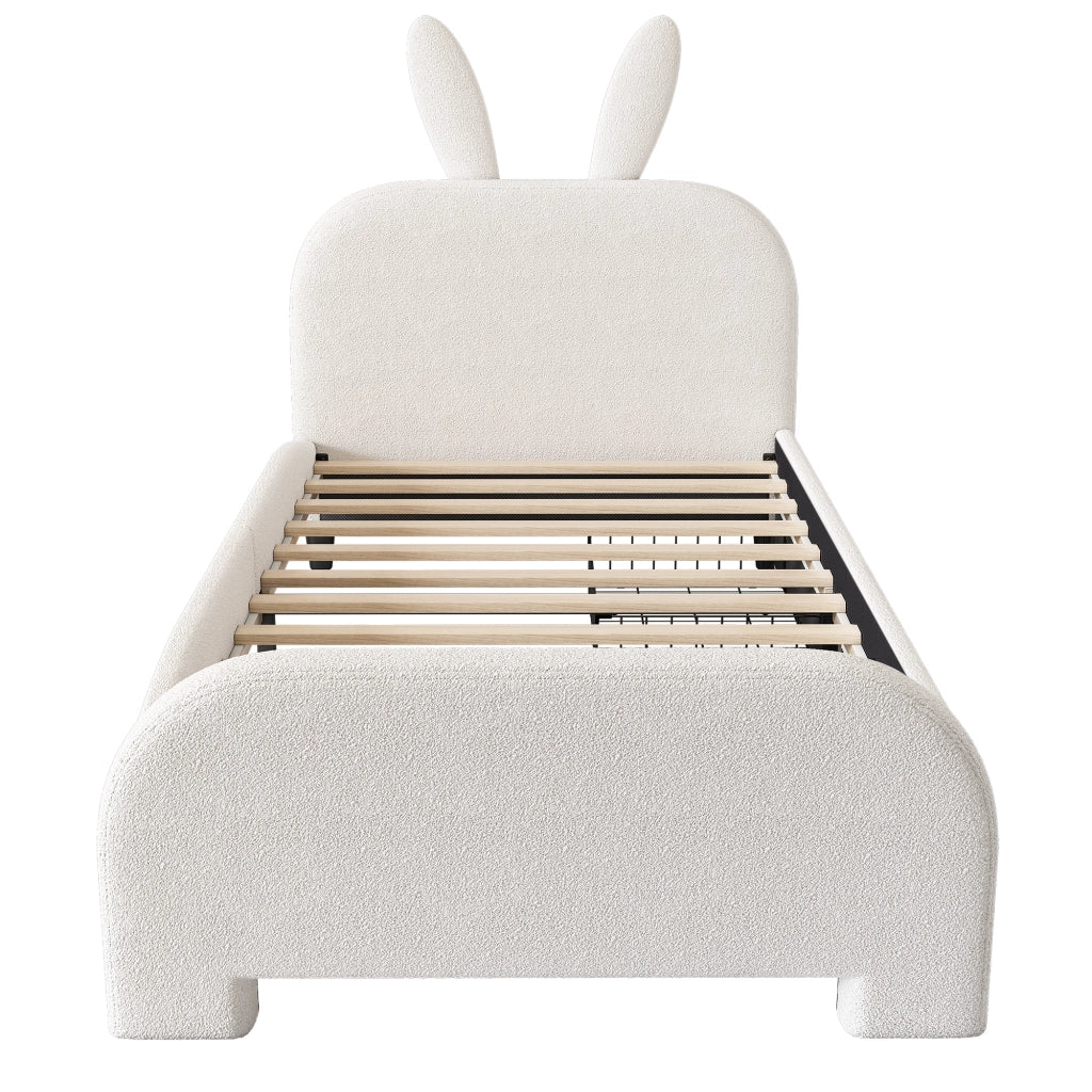 Letto per bambini singolo 90×200 cm con 2 cassetti e testiera imbottita; senza materasso; plush; bianco