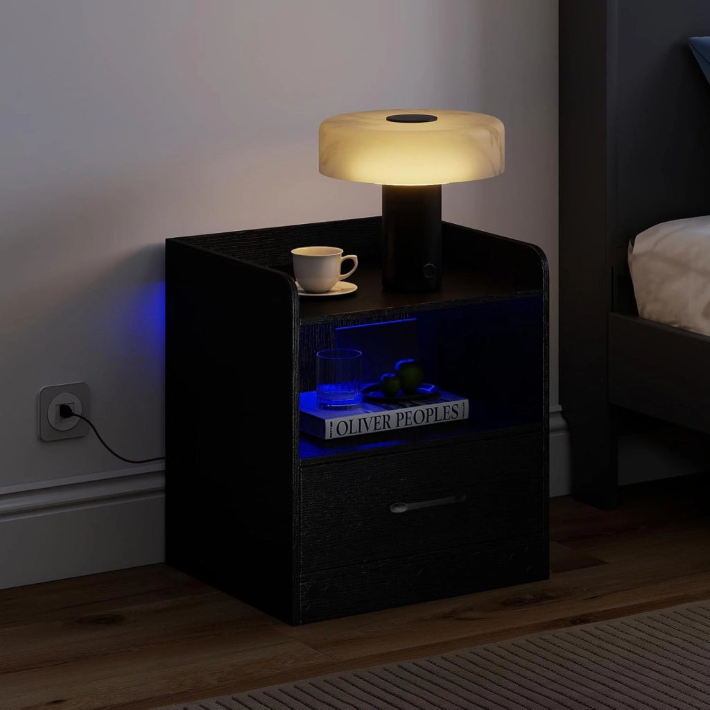Comodino Camera da Letto con Luce e Luminosità Regolabili, 16 Colori di Luce e 3 Modalità, Telecomando, Tavolino Laterale con Cassetto e Scomparto Aperto per Libri, Piante, Cornici
