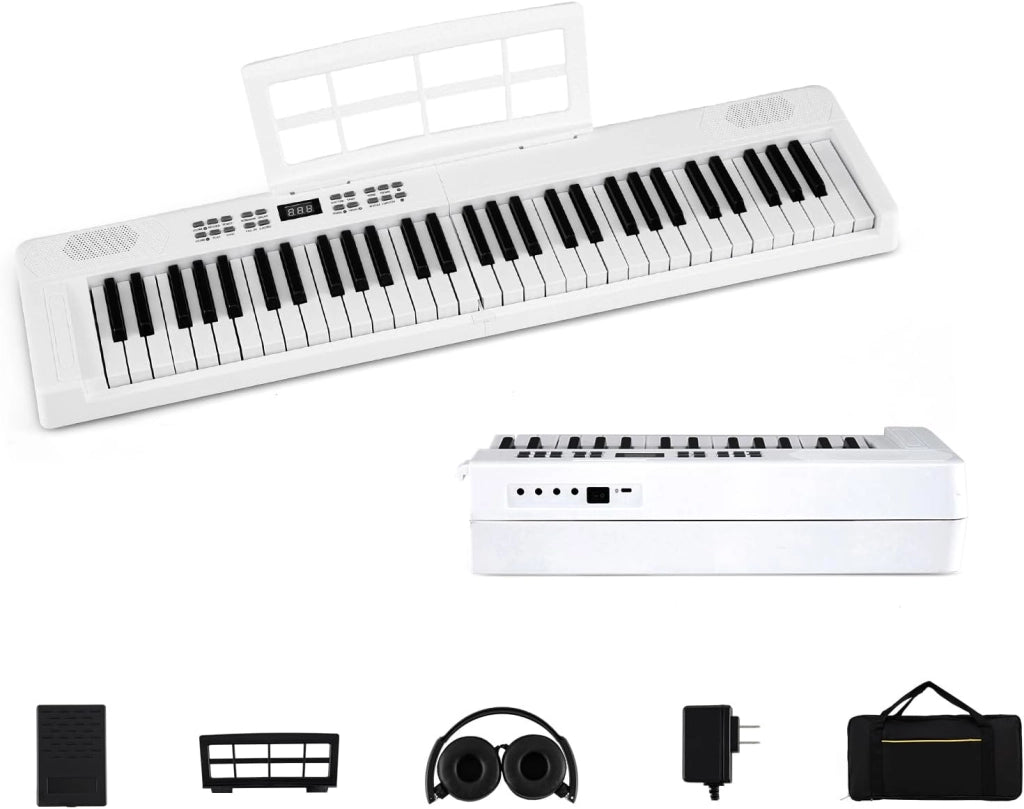 Pianoforte digitale pieghevole a 61 tasti, tastiera con auricolari, pedale, leggio, pianoforte digitale con 128 suoni e ritmi, tastiera per pianoforte con tasca (rosa)
