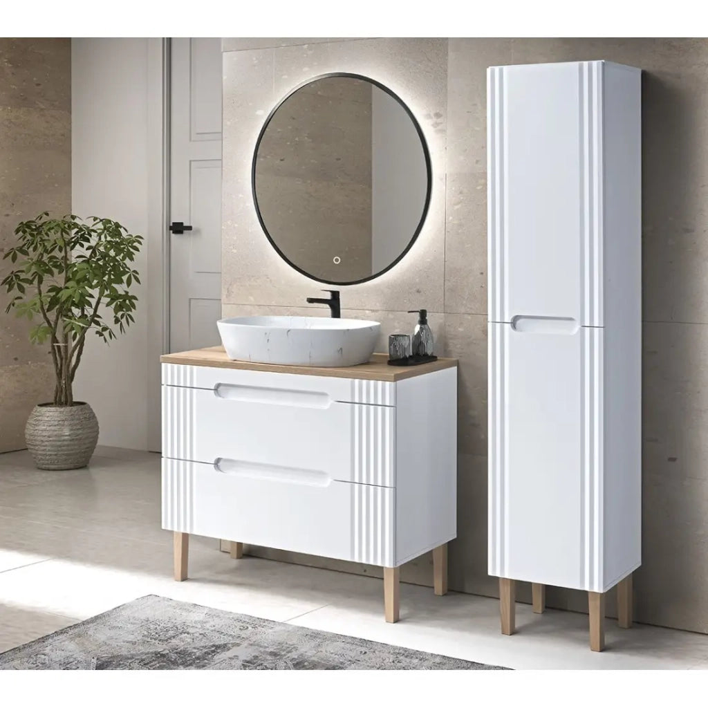 Mobile sottolavabo FIDJI 120 cm – Bianco Alpino Lucido – 2 cassetti – Montaggio a parete o a pavimento