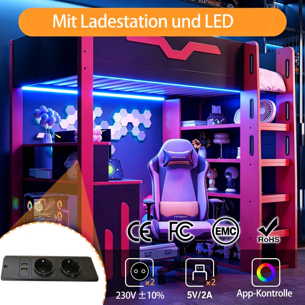 Letto a soppalco 90 × 200 cm con scrivania, LED e scala con contenitore, senza materasso, nero rosso