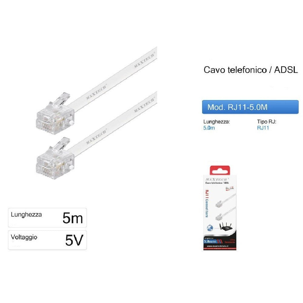 Trade Shop - Cavo Prolunga Telefonica Rj11 5mt Collegamento Telefonico Maxtech Modem Rj11-5.0m -