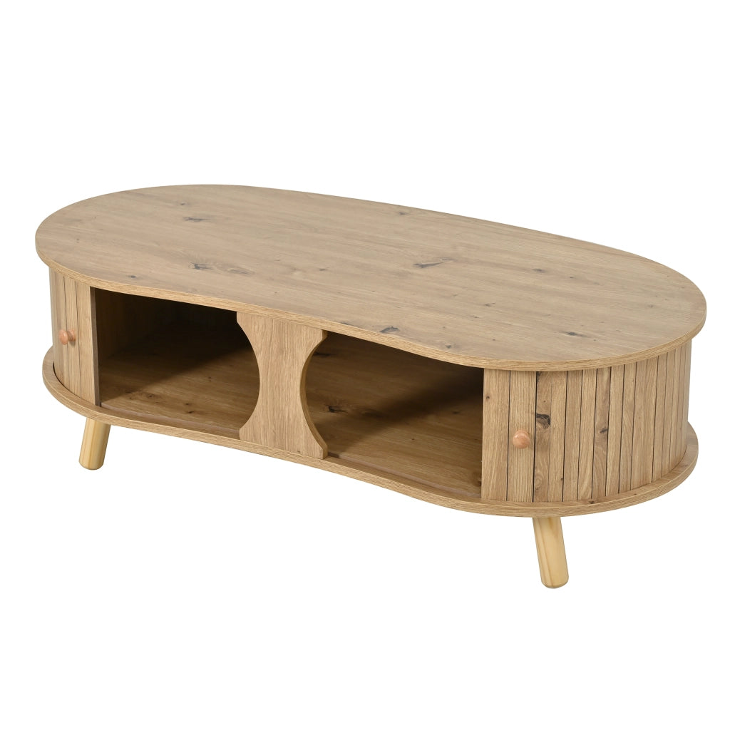 Tavolino da Salotto a Forma di Pisello con 2 Ante Scorrevoli ¨C MINIMAL ¨C MDF, Gambe in Legno Massello