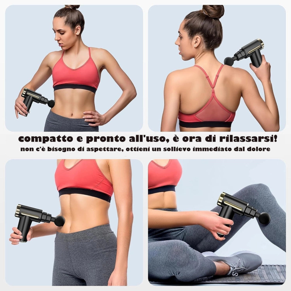 Trade Shop - Pistola Massaggiatore Muscolare Regolabile Con 4 Testine Per Alleviare Dolore -