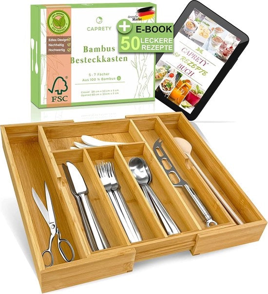 Set di utensili in legno per cassetti a scomparsa con 50 ricette e libro - certificato FSC 7 contenitori di dimensione regolabile Cassetto di utensili in legno estensibile (piccolo) - Modello: 123456 (se presente)