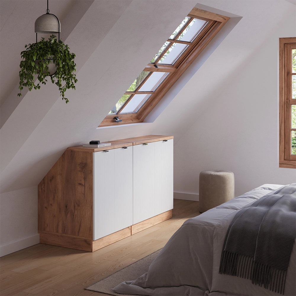 Set di mobili sottotetto Rion Ondulazione bianca/Rovere dorato 140 cm Set di 2 carcasse armadio profondità 60 cm Vicco