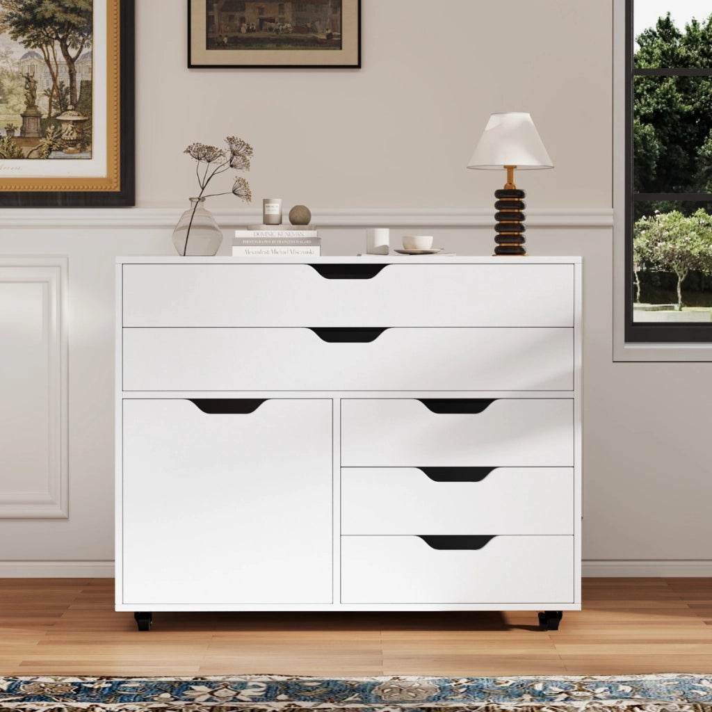 Armadietto laterale per archivio e supporto per stampante per soggiorno studio, Com¨° a 5 cassetti con porta 5 ruote Bianco-Armadi da ufficio