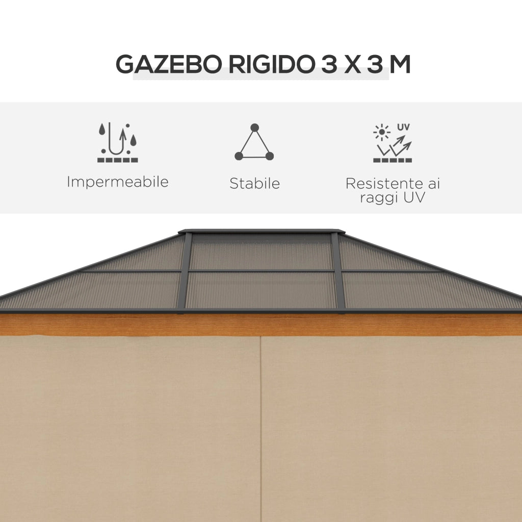 Gazebo da Giardino 2,94x3,60x2,67m con Tetto in Policarbonato e Zanzariere in Acciaio Cachi