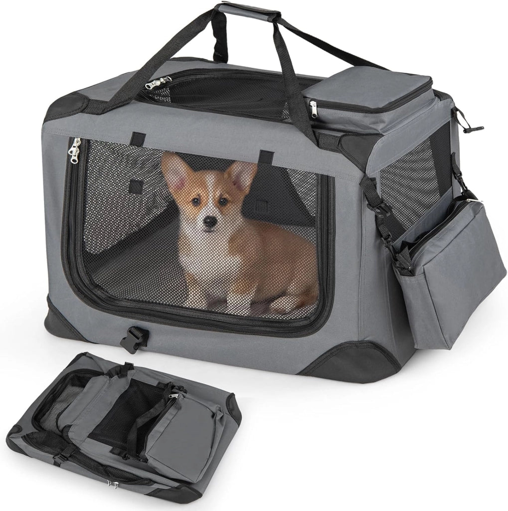 Trasportino per Cani e Gatti, Borsa per Cani Pieghevole e Traspirante con Morbido Cuscino, Parte Superiore Apribile, 2 Tasche Portaoggetti e 2 Manici per Animali Domestici (M,Nero)