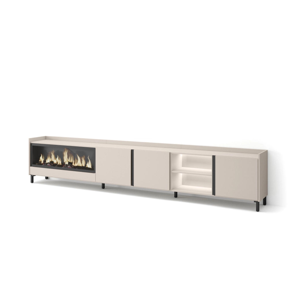 Mobile TV Soggiorno, 315x61x35 cm, Per TV fino a 80", Camino elettrico XXL, Design industriale, LED, Beige