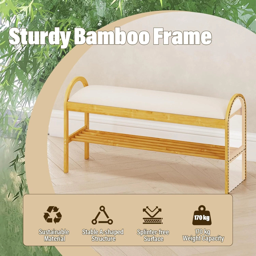 Panca Porta Scarpe in Bambù con Seduta, Mobile Scarpe da Ingresso con Coperchio a Ribalta, Scomparto Nascosto, Organizzatore per Soggiorno, Camera o Corridoio, 101 x 31 x 51 CM (Beige)