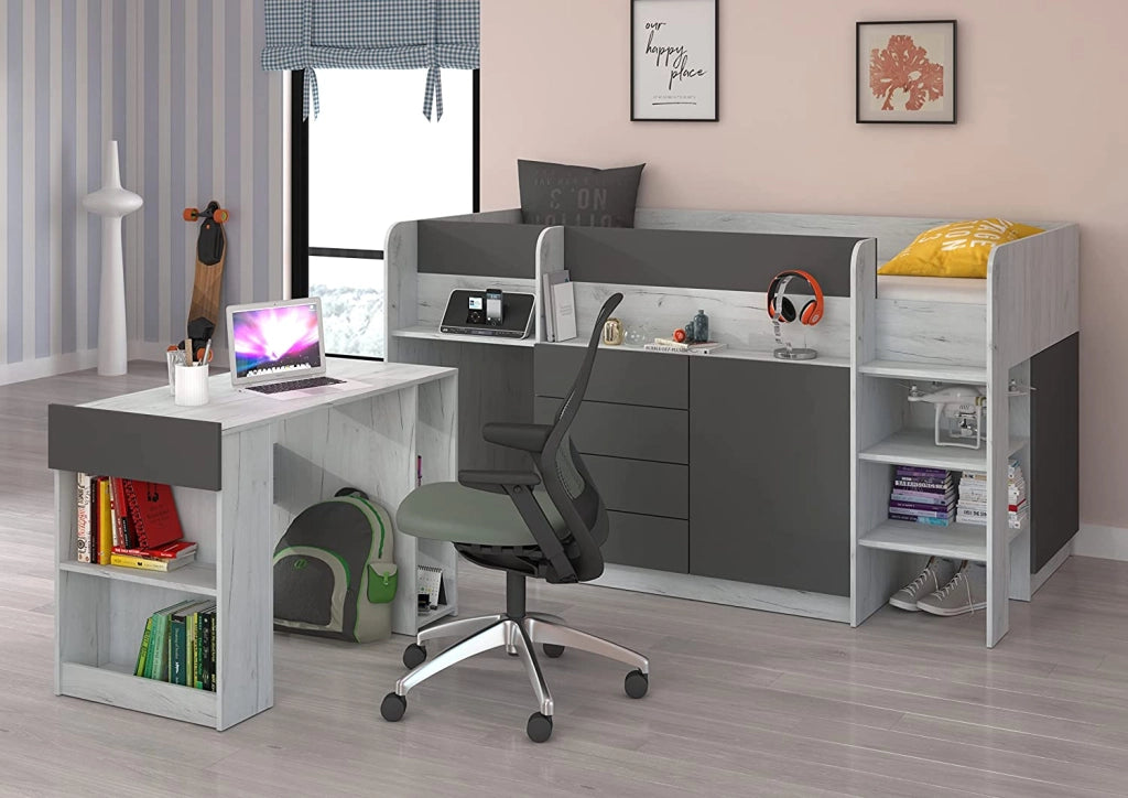 LETTO MOBILE CASS. CON SCRITTOIO SMILE P 204x 112x112cm LATO DESTRO BIANCO GRAFITE GREZZO